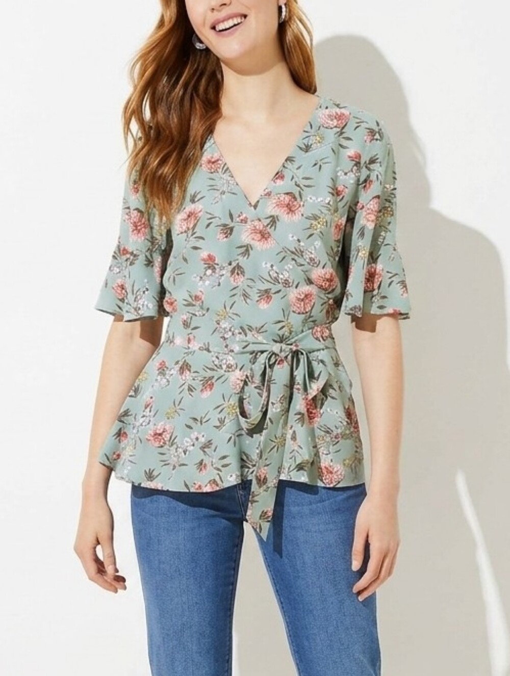 LOFT Sage Green Summer Floral Wrap Top Blouse Flutter Sleeve Peplum Top Small